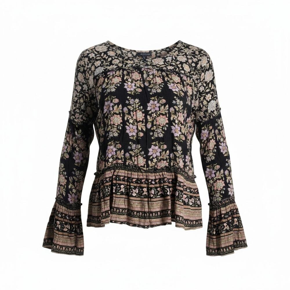AE Boho Floral Tiered Ruffle Bell Sleeve Top Sz L